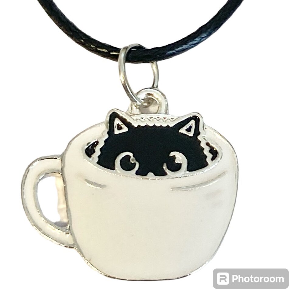 Black Cat Charm Pendant Necklace 16-18" Enamel Coffee Cup Halloween Cat Lady